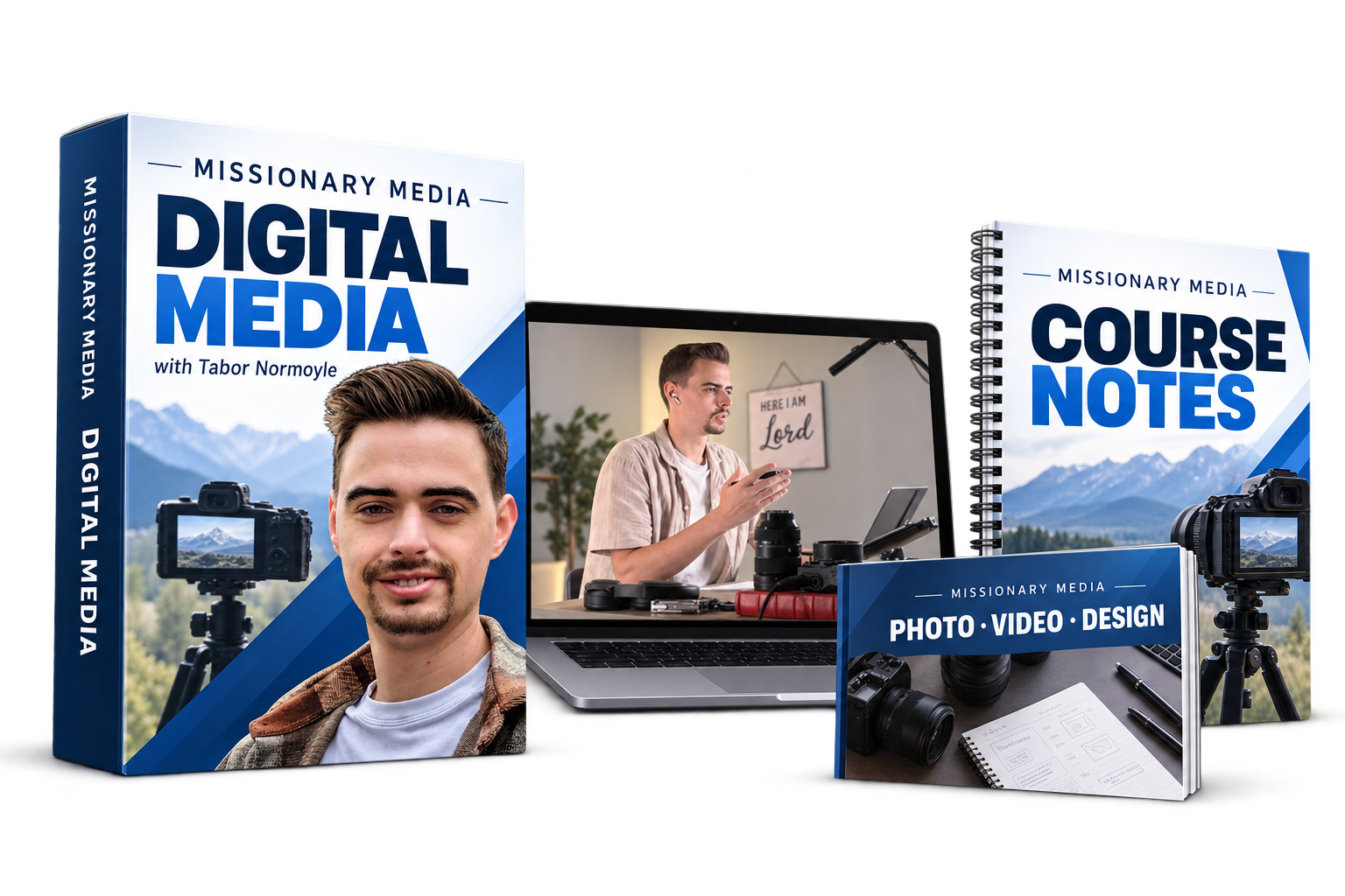 Digital Media course package with Tabor Normoyle on the cover, a workbook, and a lesson screen.