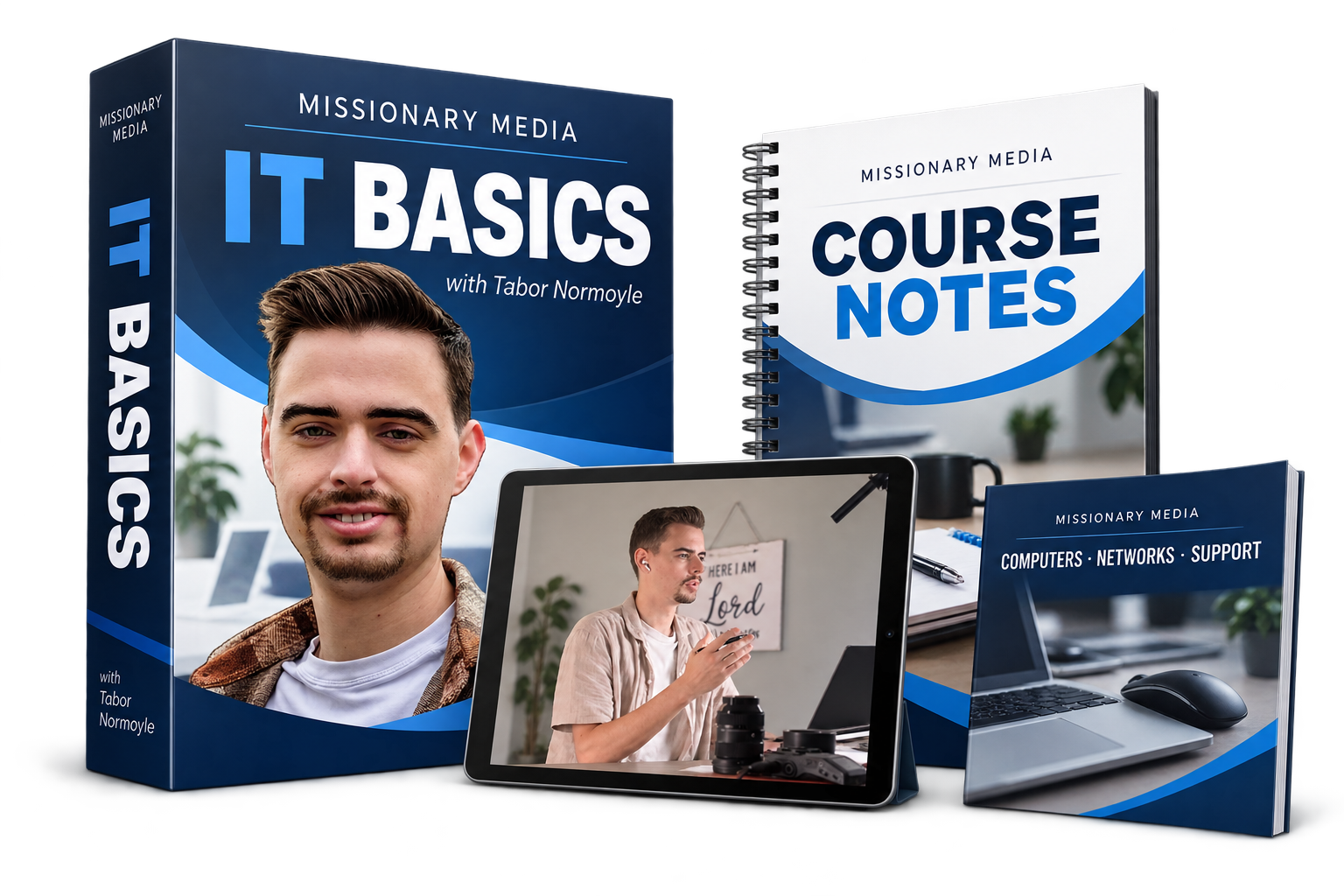 IT Basics course package with Tabor Normoyle on the cover, a workbook, and a lesson screen.