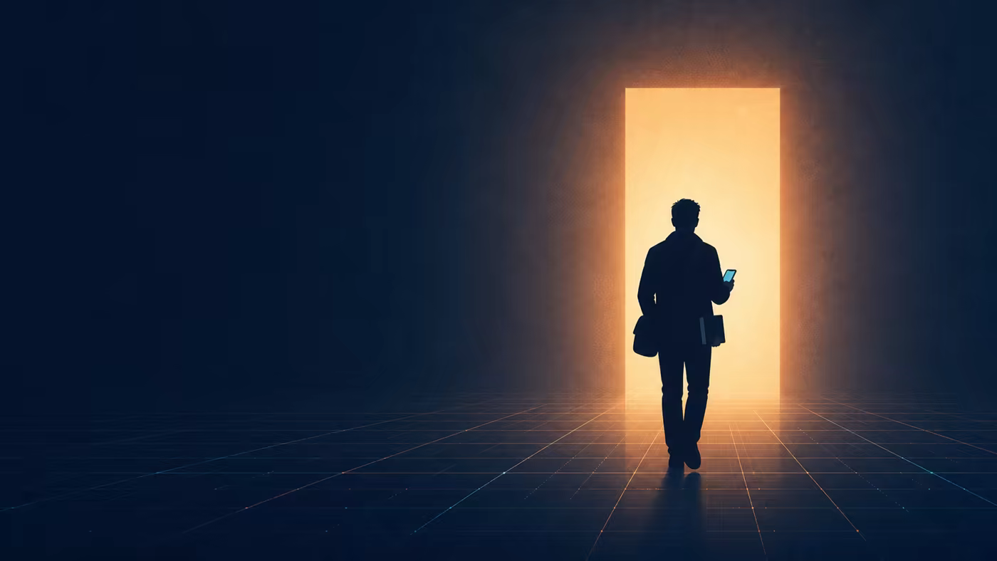 A person walking toward a glowing doorway with a phone in hand