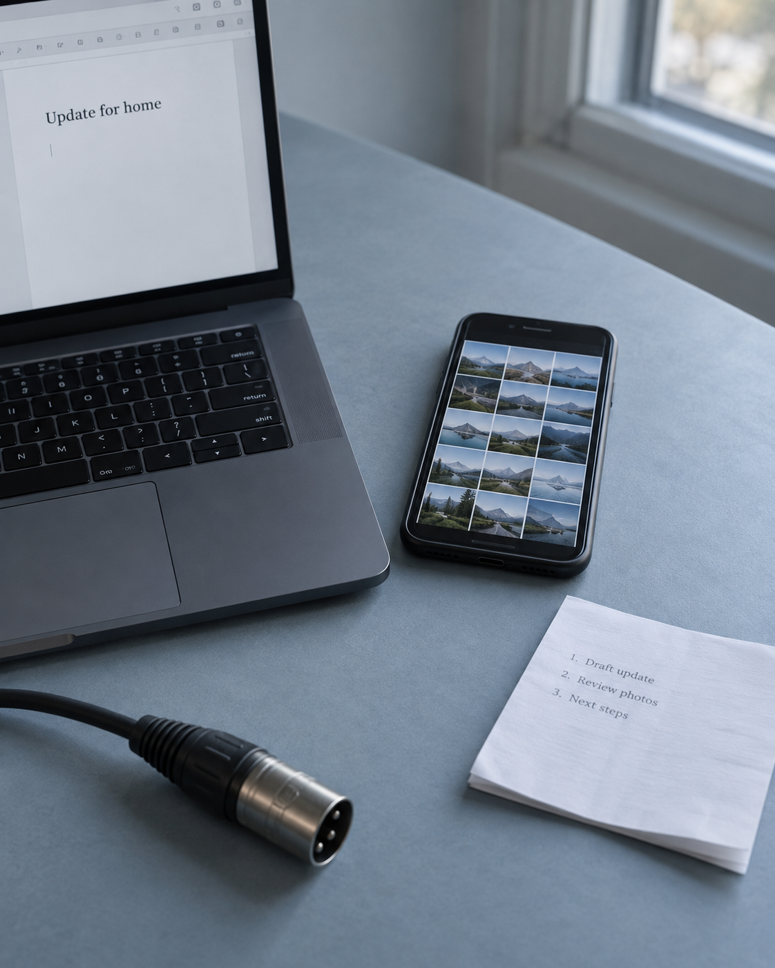 A desk with a laptop, phone photos, a printed update, and a microphone cable.